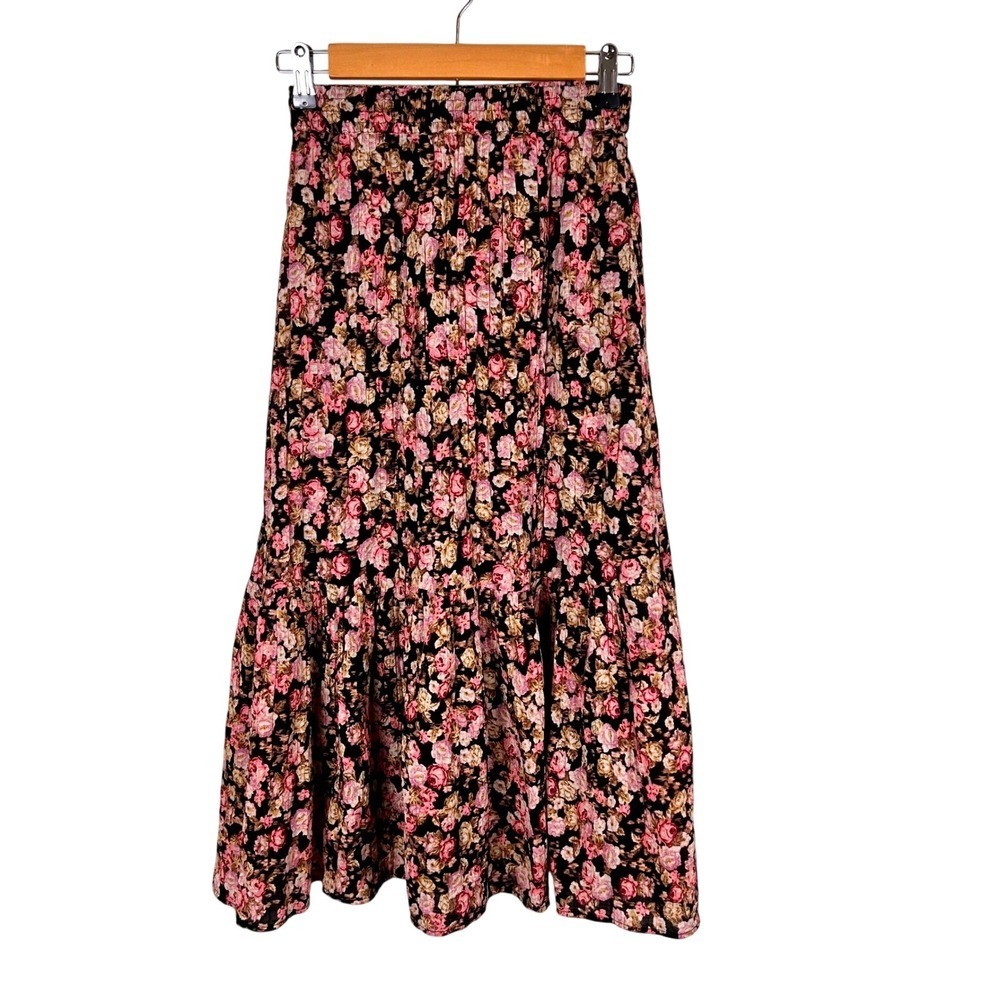 H&M Floral Pleated Tiered Midi Skirt Pink Boho Fairy Coquette XS Whimsigoth